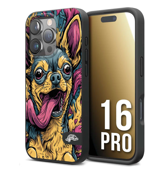 CUSTOMIZZA - Custodia cover nera morbida in tpu compatibile per iPhone 16 PRO Chihuahua illustrazione cane pop art cane street art cartone animato