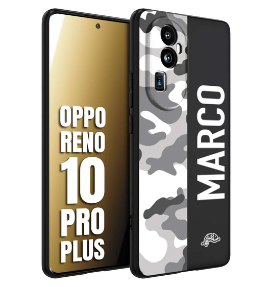 CUSTOMIZZA - Custodia cover nera morbida in tpu compatibile per Oppo Reno 10 PRO PLUS camouflage mimetico militare personalizzata nome bianco
