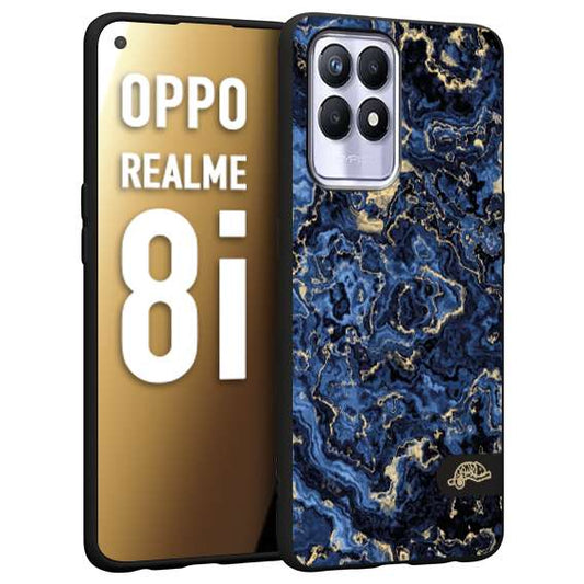 CUSTOMIZZA - Custodia cover nera morbida in tpu compatibile per Realme 8i effetto marmo marble blu venature dorato psichedelico
