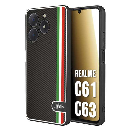 CUSTOMIZZA - Custodia cover nera morbida in tpu compatibile per Realme C61 - C63 effetto fibra di carbonio bandiera Italia made in Italy