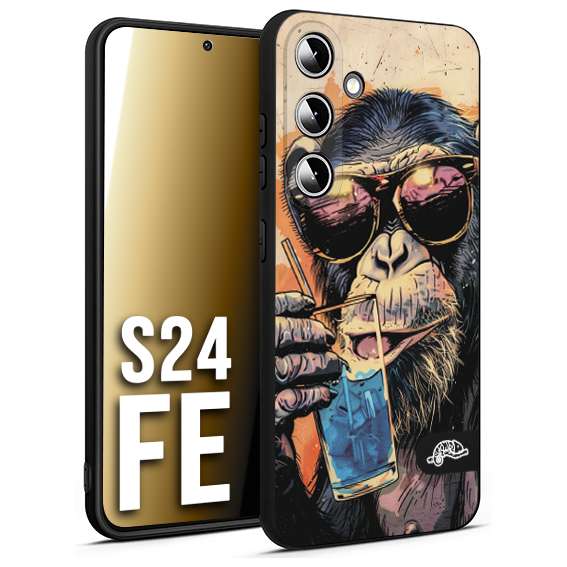CUSTOMIZZA - Custodia cover nera morbida in tpu compatibile per Samsung S24 FE estate disegnata cocktails animali simpatici scimmia monkey negroni