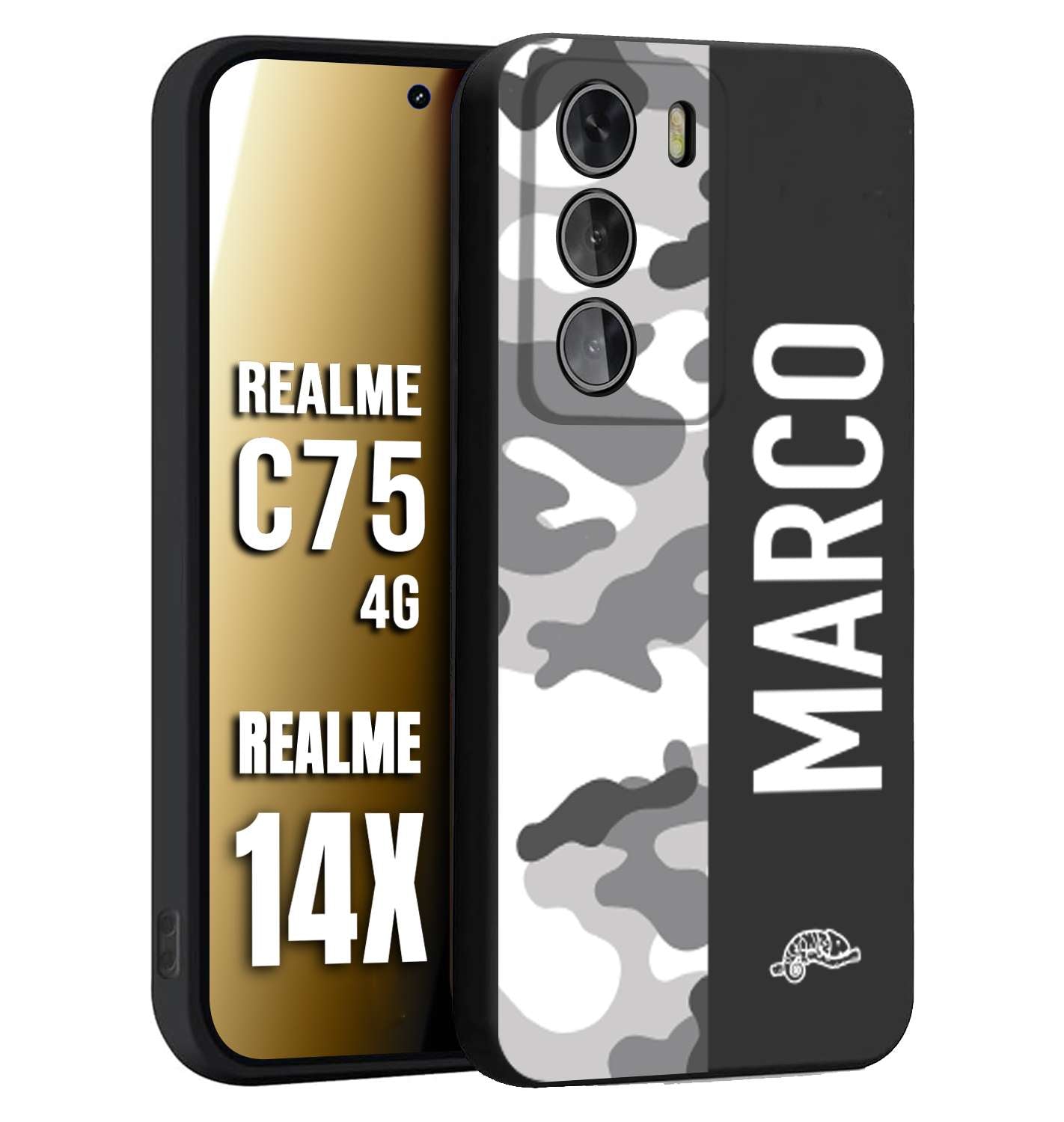 CUSTOMIZZA - Custodia cover nera morbida in tpu compatibile per Realme 14X - C75 4G camouflage mimetico militare personalizzata nome bianco