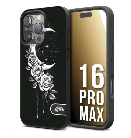 CUSTOMIZZA - Custodia cover nera morbida in tpu compatibile per iPhone 16 PRO MAX luna e fiori moon flowers black and white bianco a rilievo disegnato tattoo tatuaggio