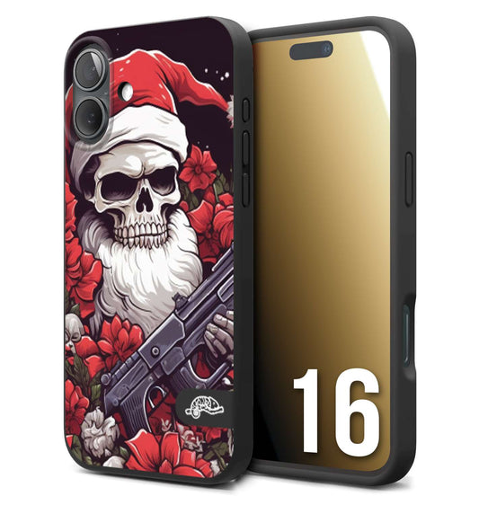 CUSTOMIZZA - Custodia cover nera morbida in tpu compatibile per iPhone 16 teschio natale santa claus fiori tattoo disegnato