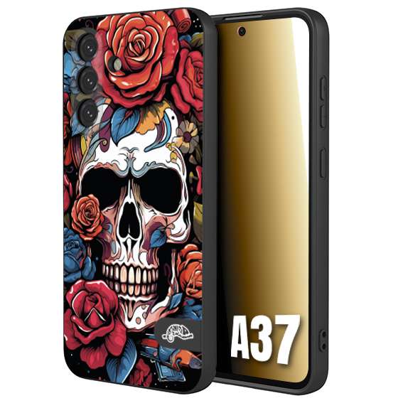 CUSTOMIZZA - Custodia cover nera morbida in tpu compatibile per Samsung A37 teschio skull flowers fiori rose rosse tattoo disegnato