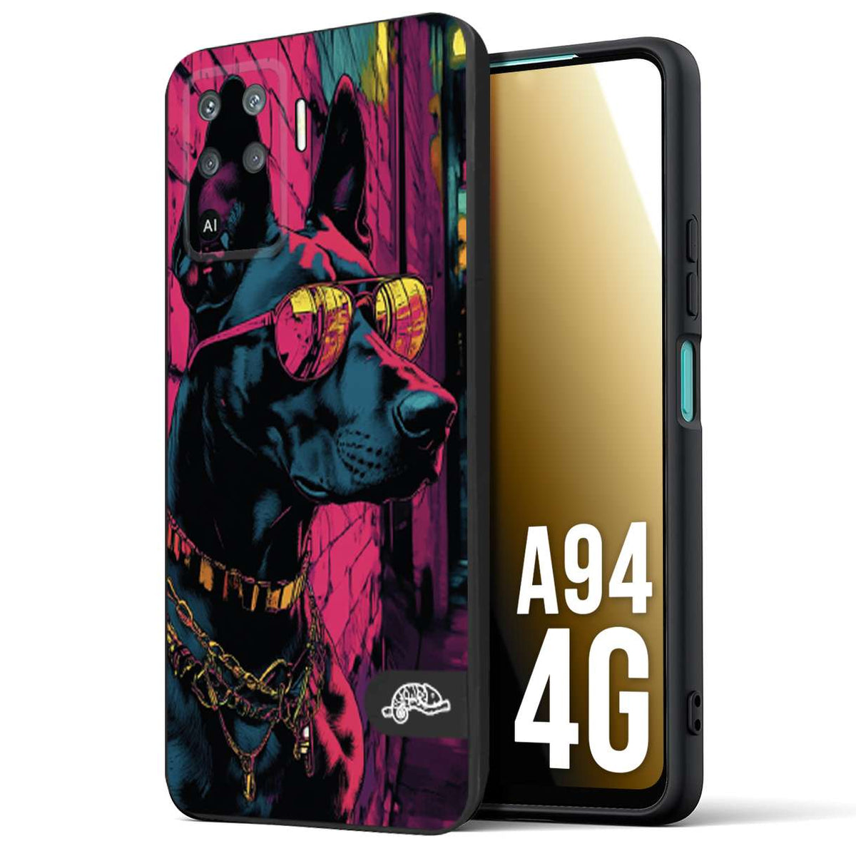 CUSTOMIZZA - Custodia cover nera morbida in tpu compatibile per Oppo A94 4G animali cyberpunk dobermann cane street dog fucsia blu
