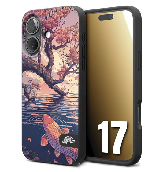CUSTOMIZZA - Custodia cover nera morbida in tpu compatibile per iPhone 17 giapponese lago carpa koi rosa con foglie d'acero disegnata tattoo