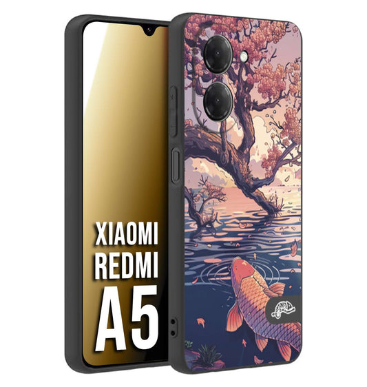 CUSTOMIZZA - Custodia cover nera morbida in tpu compatibile per Xiaomi Redmi A5 giapponese lago carpa koi rosa con foglie d'acero disegnata tattoo