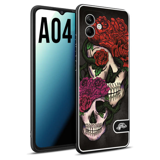 CUSTOMIZZA - Custodia cover nera morbida in tpu compatibile per Samsung A04 teschi e rose rosse fucsia skull and roses