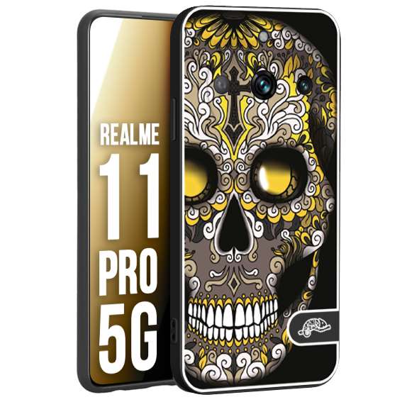 CUSTOMIZZA - Custodia cover nera morbida in tpu compatibile per Realme 11 PRO 5G teschio messicano Mexican skull nero giallo