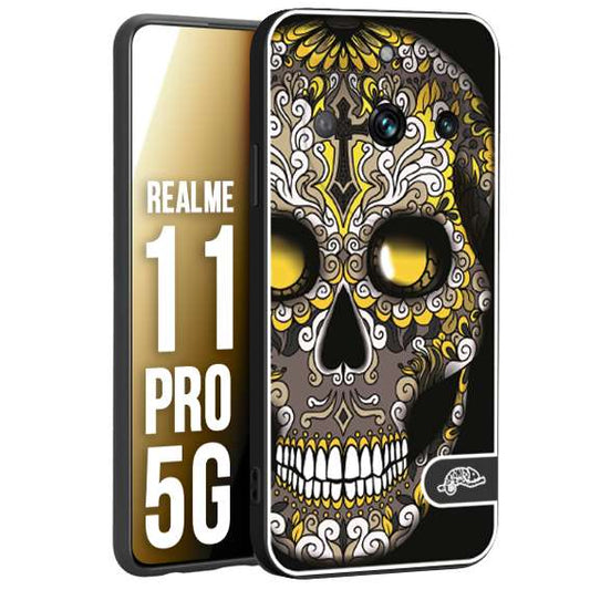 CUSTOMIZZA - Custodia cover nera morbida in tpu compatibile per Realme 11 PRO 5G teschio messicano Mexican skull nero giallo