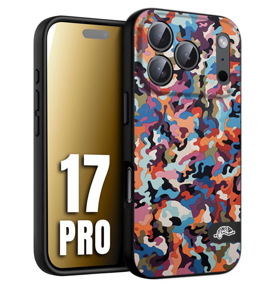 CUSTOMIZZA - Custodia cover nera morbida in tpu compatibile per iPhone 17 PRO camouflage mimetico militare moderno blu arancio rosa