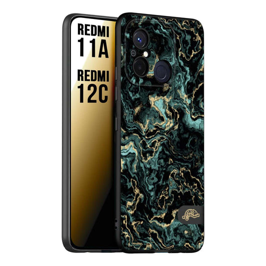CUSTOMIZZA - Custodia cover nera morbida in tpu compatibile per Xiaomi Redmi 11A - 12C effetto marmo marble verde green venature dorato pietra