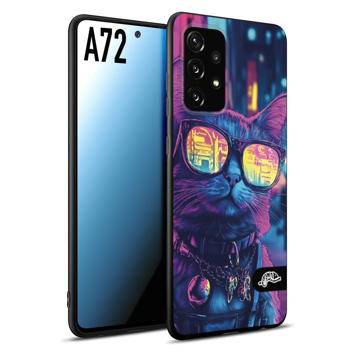 CUSTOMIZZA - Custodia cover nera morbida in tpu compatibile per Samsung A72 animali cyberpunk gatto street cat fucsia blu giallo