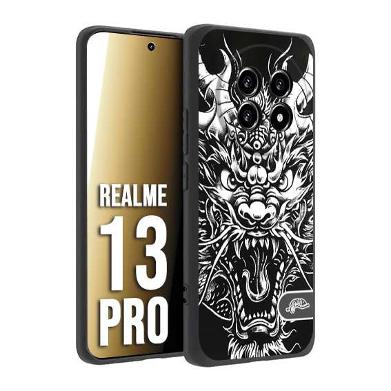 CUSTOMIZZA - Custodia cover nera morbida in tpu compatibile per Realme 13 PRO drago black and white bianco a rilievo disegnato tattoo tatuaggio