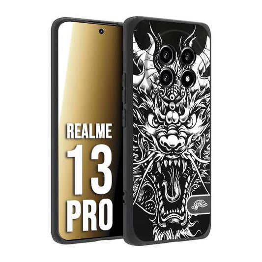 CUSTOMIZZA - Custodia cover nera morbida in tpu compatibile per Realme 13 PRO drago black and white bianco a rilievo disegnato tattoo tatuaggio