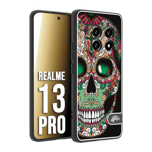 CUSTOMIZZA - Custodia cover nera morbida in tpu compatibile per Realme 13 PRO teschio messicano Mexican skull verde fucsia