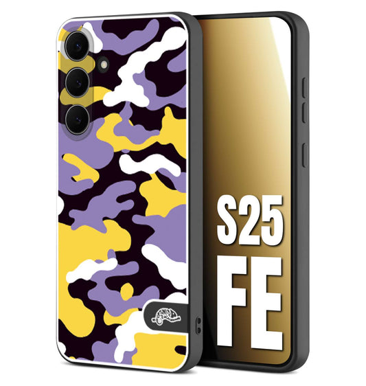CUSTOMIZZA - Custodia cover nera morbida in tpu compatibile per Samsung S25 FE camouflage mimetico militare viola lilla giallo