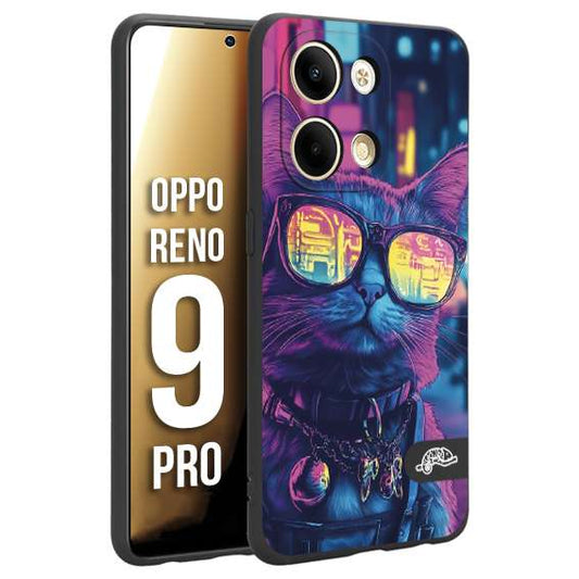 CUSTOMIZZA - Custodia cover nera morbida in tpu compatibile per Oppo Reno 9 PRO animali cyberpunk gatto street cat fucsia blu giallo