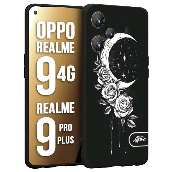 CUSTOMIZZA - Custodia cover nera morbida in tpu compatibile per Oppo Realme 9 4G - 9 PRO PLUS luna e fiori moon flowers black and white bianco a rilievo disegnato tattoo tatuaggio