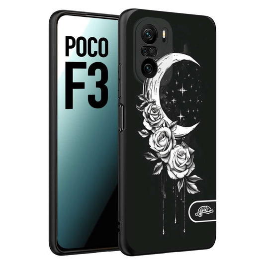 CUSTOMIZZA - Custodia cover nera morbida in tpu compatibile per Xiaomi Poco F3 luna e fiori moon flowers black and white bianco a rilievo disegnato tattoo tatuaggio