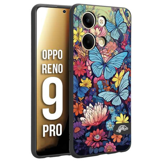 CUSTOMIZZA - Custodia cover nera morbida in tpu compatibile per Oppo Reno 9 PRO farfalle butterfly moderno donna disegnate gialla blu rosa