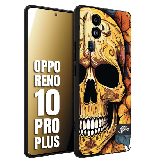CUSTOMIZZA - Custodia cover nera morbida in tpu compatibile per Oppo Reno 10 PRO PLUS teschio messicano colorato dorato fiori autunnali disegnato