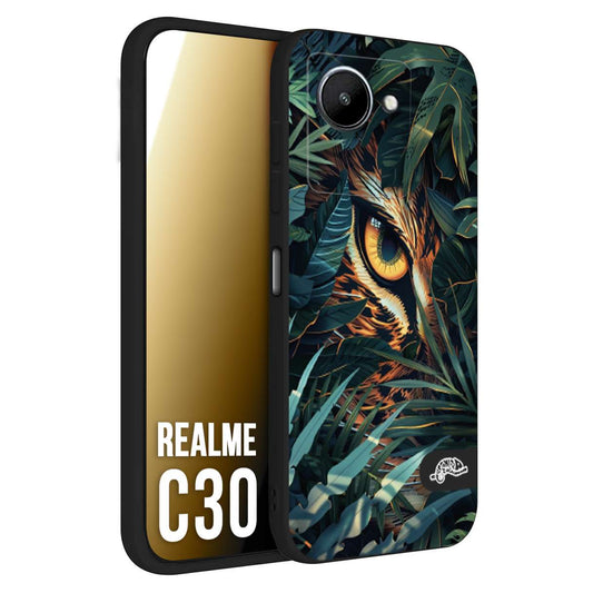 CUSTOMIZZA - Custodia cover nera morbida in tpu compatibile per Realme C30 animali color giungla tropicale occhio di giaguaro felino disegnato