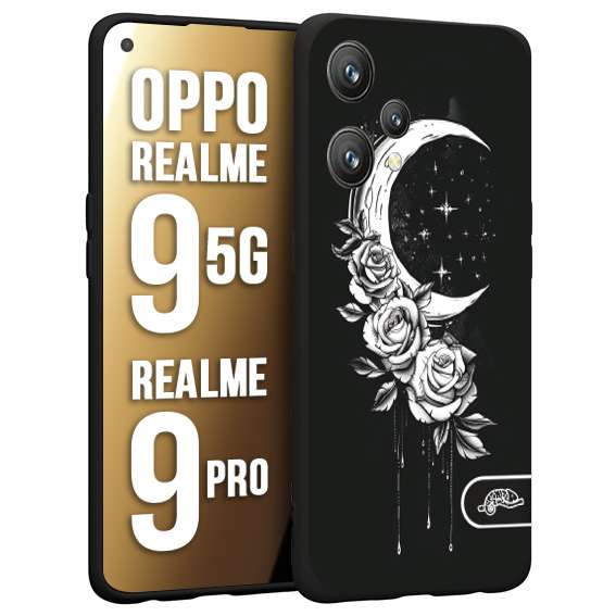 CUSTOMIZZA - Custodia cover nera morbida in tpu compatibile per Oppo Realme 9 5G - 9 PRO luna e fiori moon flowers black and white bianco a rilievo disegnato tattoo tatuaggio