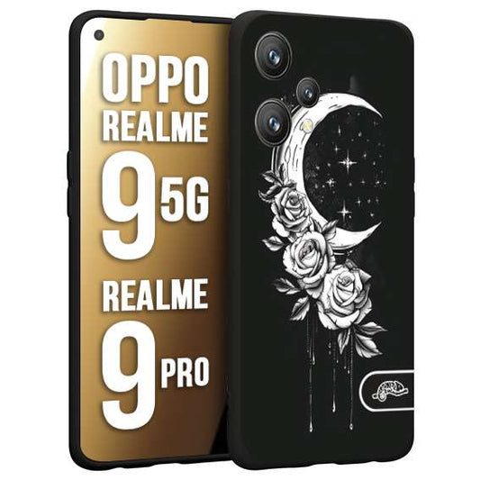 CUSTOMIZZA - Custodia cover nera morbida in tpu compatibile per Oppo Realme 9 5G - 9 PRO luna e fiori moon flowers black and white bianco a rilievo disegnato tattoo tatuaggio