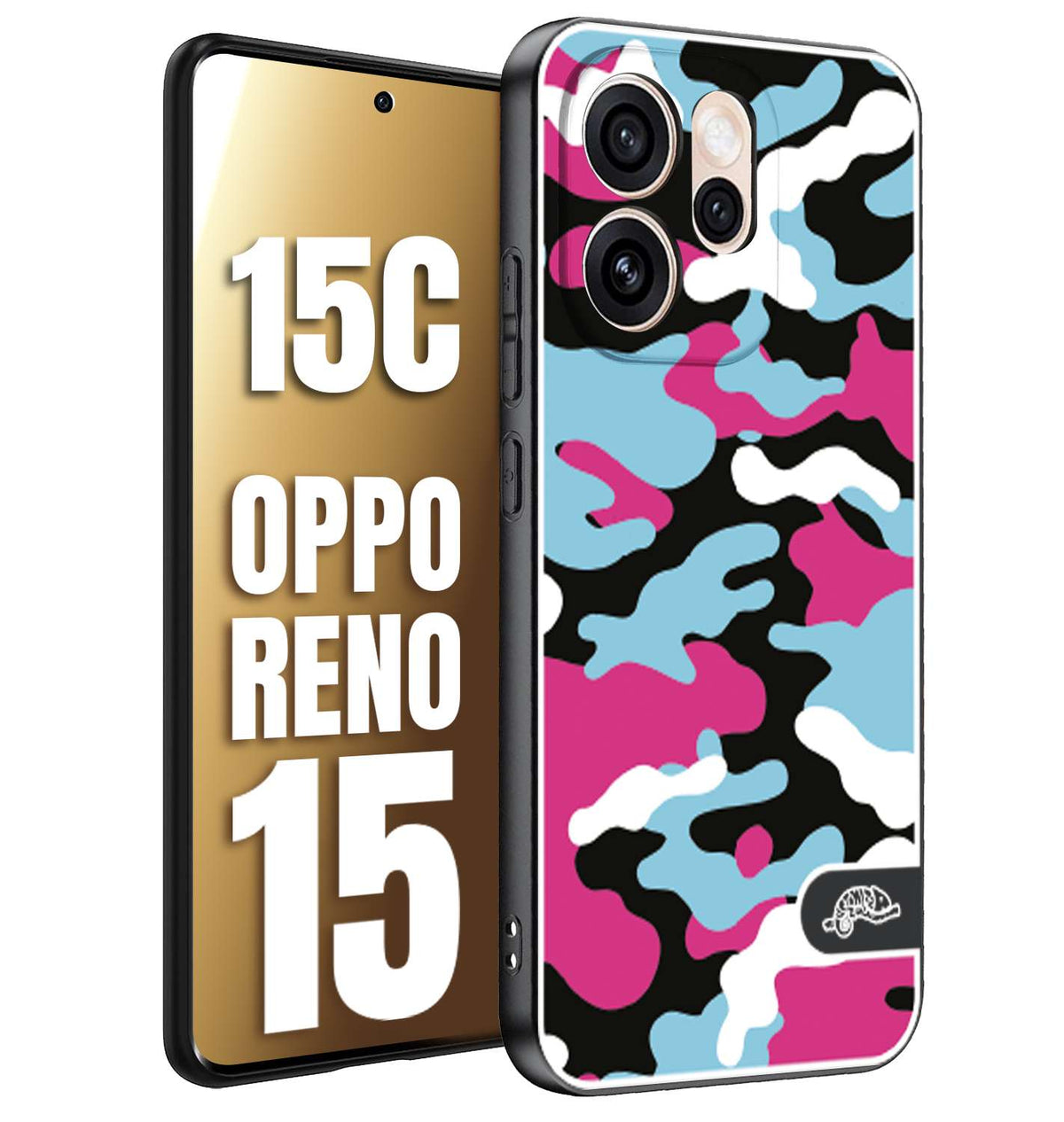 CUSTOMIZZA - Custodia cover nera morbida in tpu compatibile per Oppo Reno 15 - Reno 15Ccamouflage mimetico militare fucsia celeste