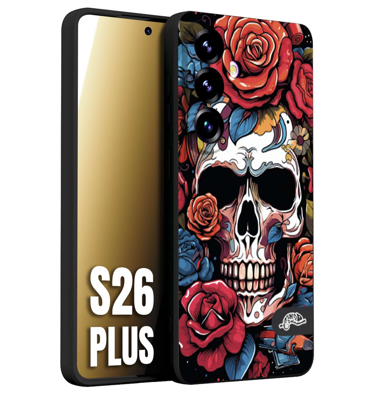 CUSTOMIZZA - Custodia cover nera morbida in tpu compatibile per Samsung S26 PLUS teschio skull flowers fiori rose rosse tattoo disegnato