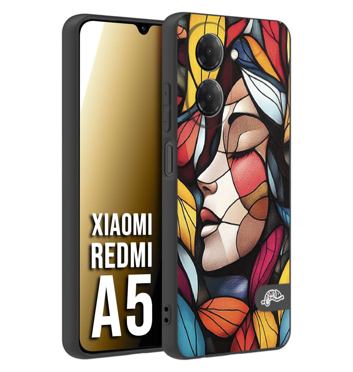 CUSTOMIZZA - Custodia cover nera morbida in tpu compatibile per Xiaomi Redmi A5 Vetrata artistica volto di donna profilo fogliare mosaico di vetro colorato