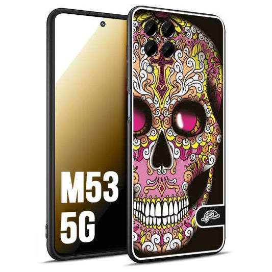CUSTOMIZZA - Custodia cover nera morbida in tpu compatibile per Samsung M53 5G teschio messicano Mexican skull rosa gialla