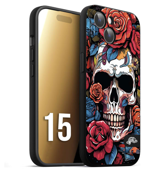 CUSTOMIZZA - Custodia cover nera morbida in tpu compatibile per iPhone 15 teschio skull flowers fiori rose rosse tattoo disegnato