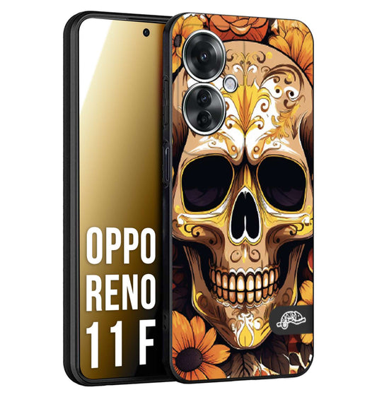 CUSTOMIZZA - Custodia cover nera morbida in tpu compatibile per Oppo Reno 11 F 5G teschio messicano colorato dorato fiori tattoo disegnato