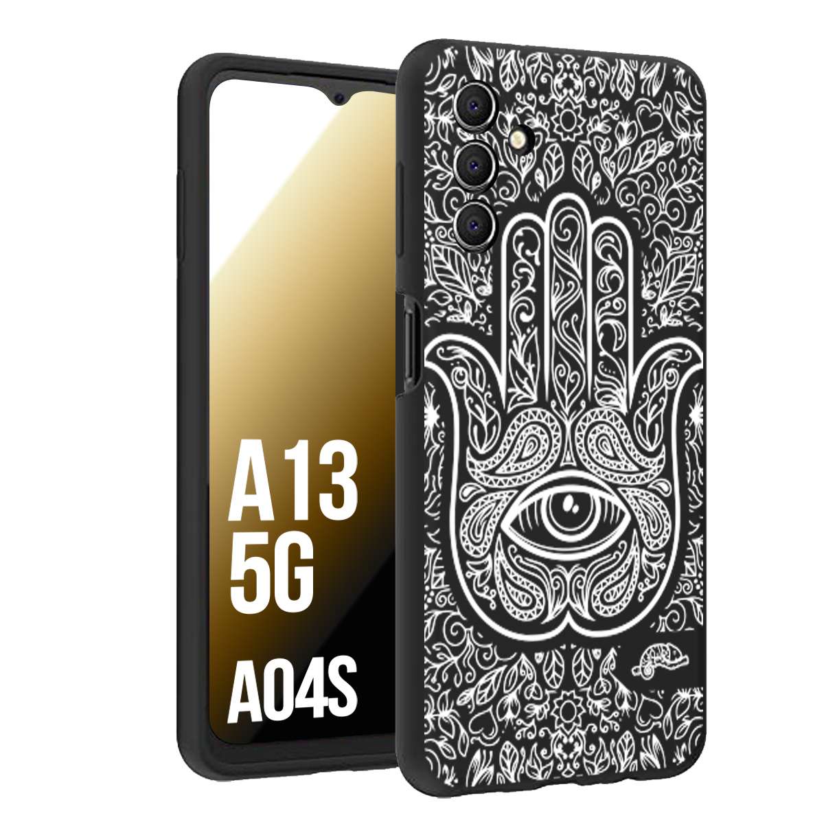 CUSTOMIZZA - Custodia cover nera morbida in tpu compatibile per Samsung A04S - A13 5G mano di fatima effetto rilievo mandala donna