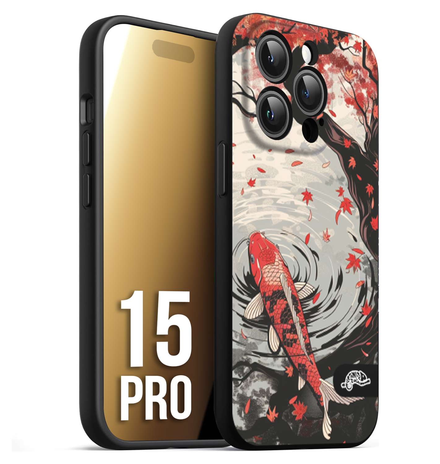 CUSTOMIZZA - Custodia cover nera morbida in tpu compatibile per iPhone 15 PRO giapponese lago carpa koi rossa con foglie d'acero rosso disegnata tattoo