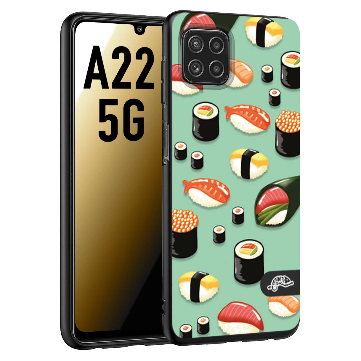 CUSTOMIZZA - Custodia cover nera morbida in tpu compatibile per Samsung A22 5G sushi disegni giapponese nighiri acquamarina verde