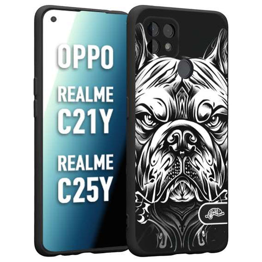 CUSTOMIZZA - Custodia cover nera morbida in tpu compatibile per Oppo Realme C21Y - C25Y bulldog bianco a rilievo disegnato tattoo tatuaggio