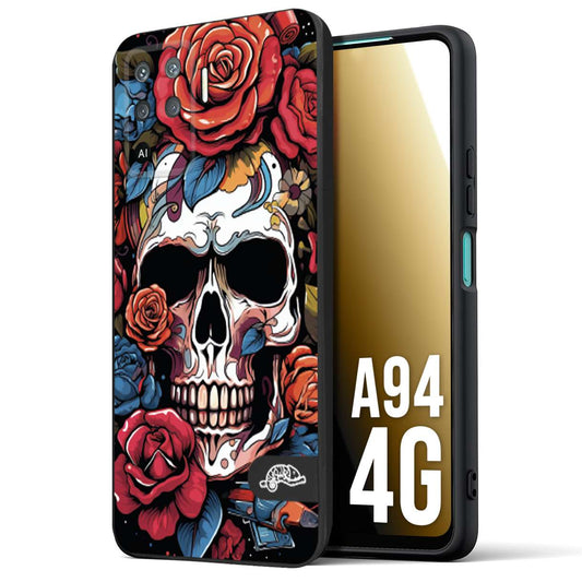 CUSTOMIZZA - Custodia cover nera morbida in tpu compatibile per Oppo A94 4G teschio skull flowers fiori rose rosse tattoo disegnato