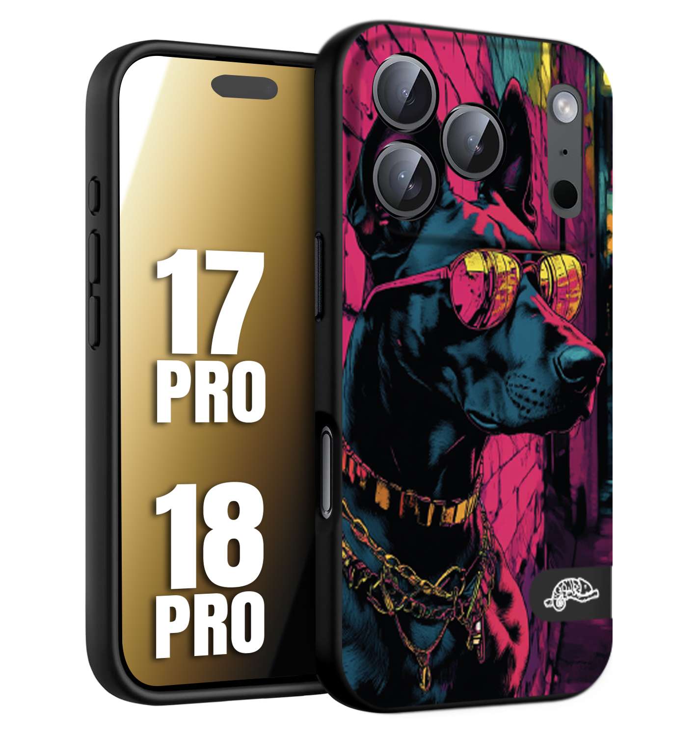 CUSTOMIZZA - Custodia cover nera morbida in tpu compatibile per iPhone 17 PRO - 18 PRO animali cyberpunk dobermann cane street dog fucsia blu