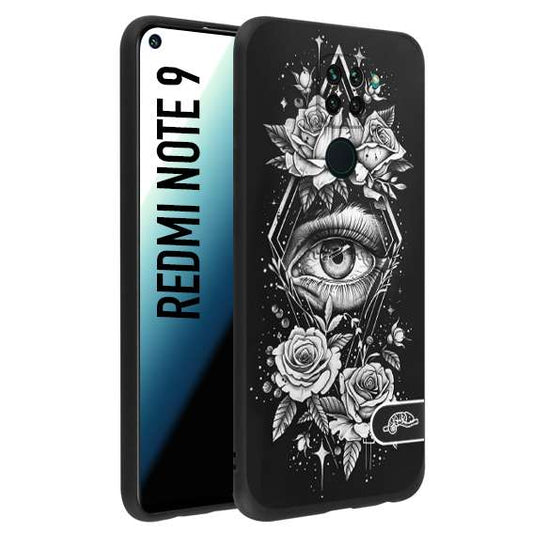 CUSTOMIZZA - Custodia cover nera morbida in tpu compatibile per Xiaomi Redmi Note 9 occhio fiori rombo geometrico black and white bianco a rilievo disegnato tattoo tatuaggio