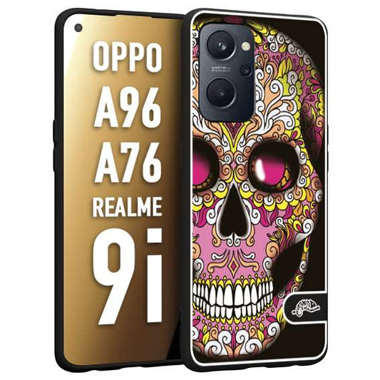 CUSTOMIZZA - Custodia cover nera morbida in tpu compatibile per Realme 9i - A96 - A76 teschio messicano Mexican skull rosa gialla