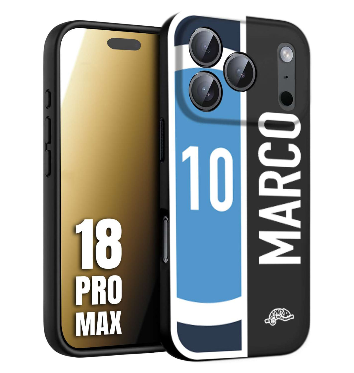CUSTOMIZZA - Custodia cover nera morbida in tpu compatibile per iPhone 18 PRO MAX personalizzata calcio football nome e numero calciatori biancoazzurri bianco celesti