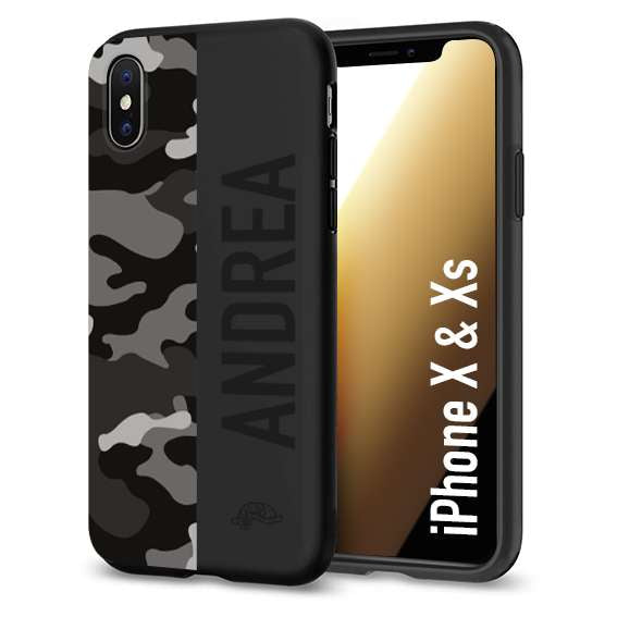 CUSTOMIZZA - Custodia cover nera morbida in tpu compatibile per iPhone X - Xs camouflage mimetico militare personalizzata nome