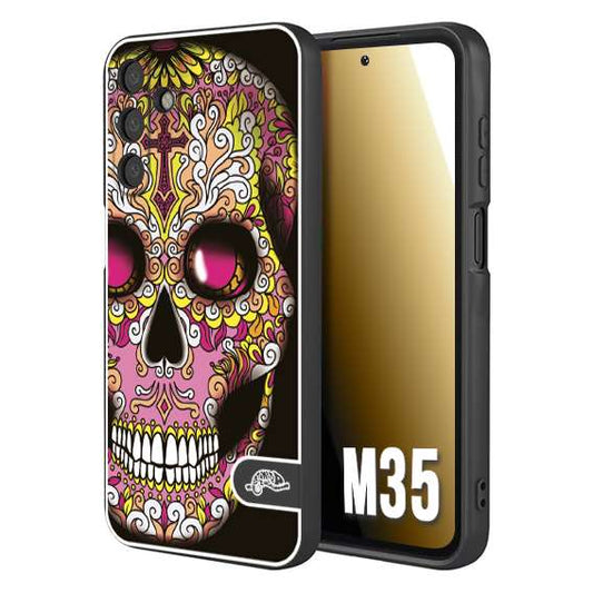CUSTOMIZZA - Custodia cover nera morbida in tpu compatibile per Samsung M35 teschio messicano Mexican skull rosa gialla