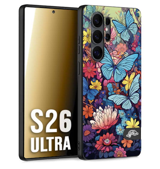 CUSTOMIZZA - Custodia cover nera morbida in tpu compatibile per Samsung S26 ULTRA farfalle butterfly moderno donna disegnate gialla blu rosa