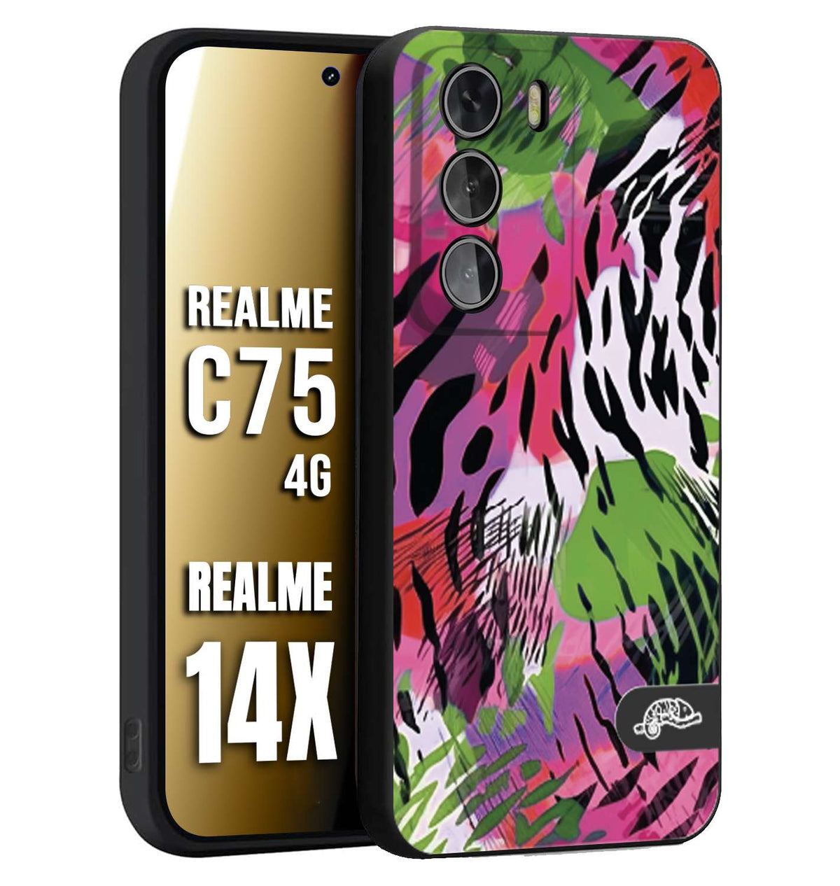CUSTOMIZZA - Custodia cover nera morbida in tpu compatibile per Realme 14X - C75 4G leopardato tigrato tiger colorata summer color verde fucsia