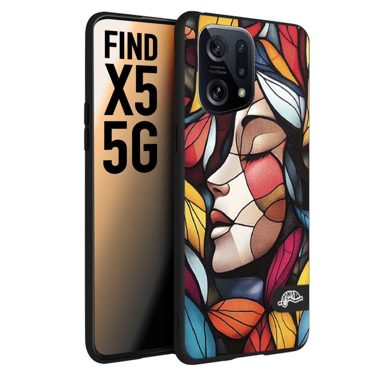 CUSTOMIZZA - Custodia cover nera morbida in tpu compatibile per Oppo Find X5 Vetrata artistica volto di donna profilo fogliare mosaico di vetro colorato